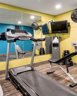 A small home gym with yellow walls featuring a treadmill, elliptical machine, bench, wall-mounted TV, fan, water dispenser, and various workout equipment.